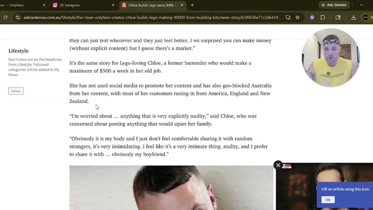 Mike reacting on camera to The Advertiser story about the Lego creator.