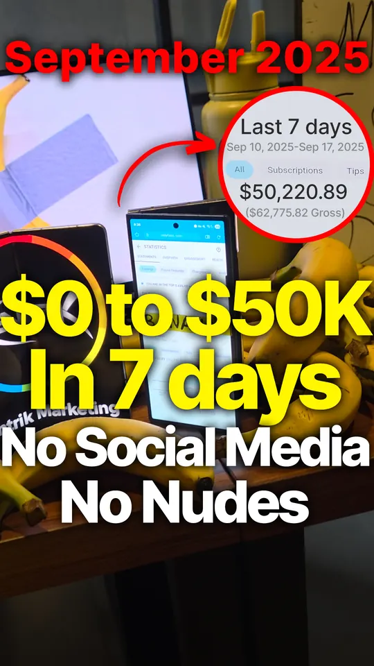 September 2025 statement: last 7 days $50,220.89 on a phone surrounded by bananas.