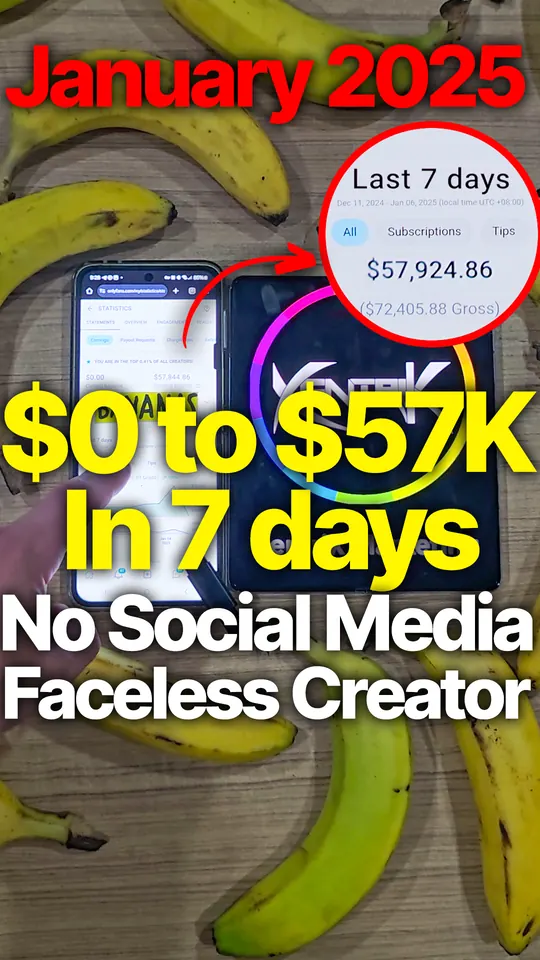 January 2025 statement: last 7 days $57,924.86 on a phone laid among bananas.