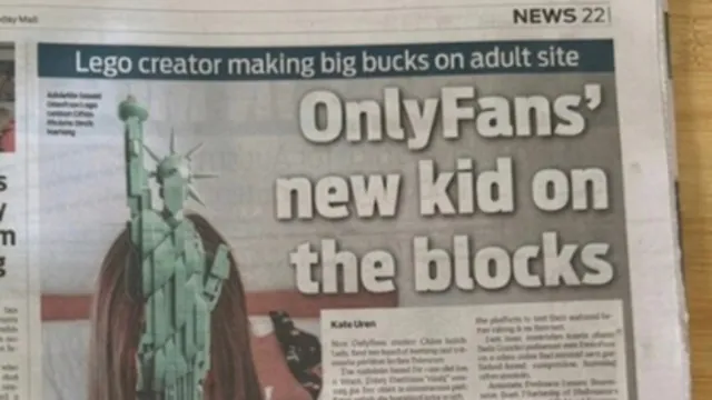 Sunday Mail page: “OnlyFans' new kid on the blocks”. A creator hides her face behind a Lego Statue of Liberty; inset photo of Mike holding bananas.