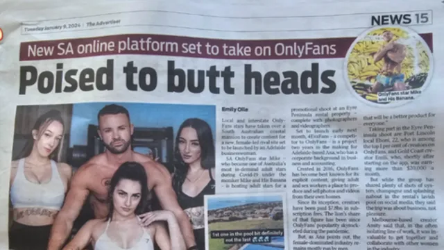 The Advertiser page from 9 January 2024: “Poised to butt heads”. Mike photographed with three creators.