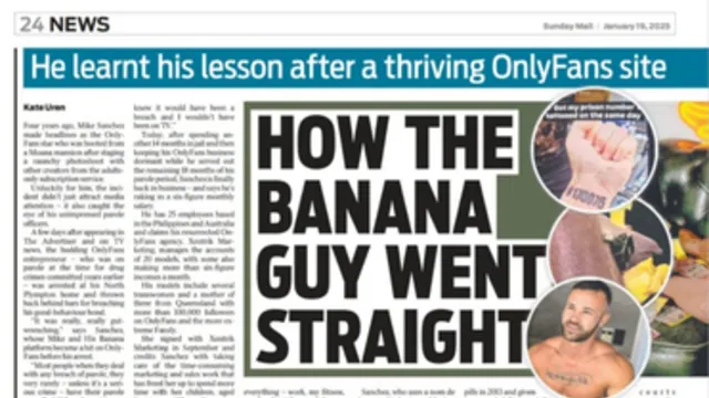 Sunday Mail spread from 19 January 2025: “How the Banana Guy went straight”. Mike in a banana shirt among bananas.